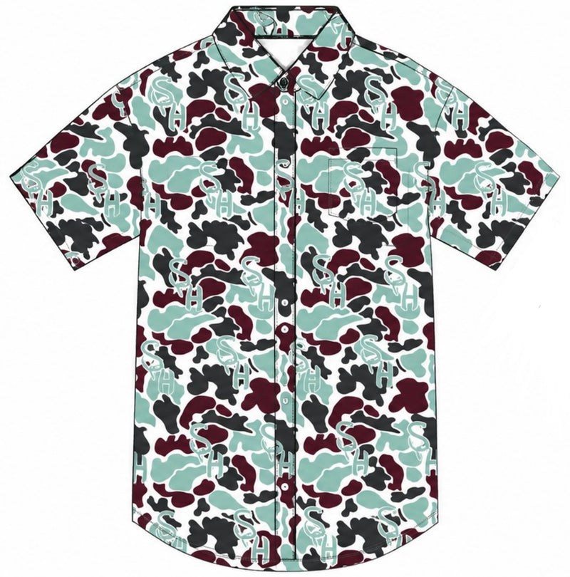 Burgundy/Teal camo Button-up