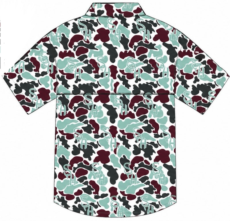Burgundy/Teal camo Button-up